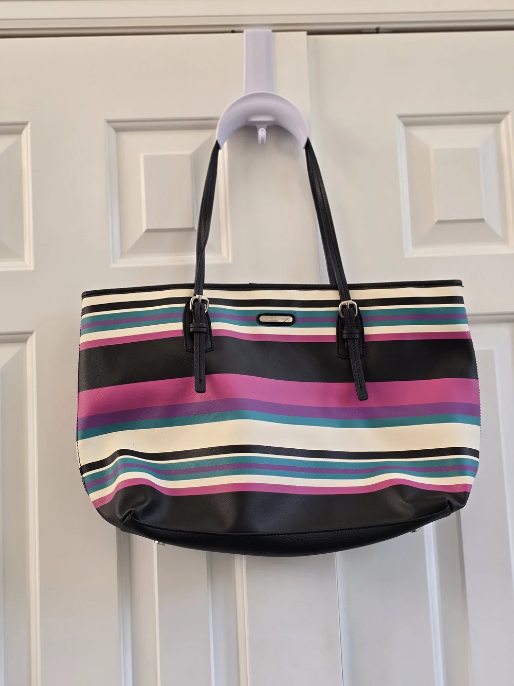 Dana Buchman Black Tote with Pink, Teal & Cream Stripes